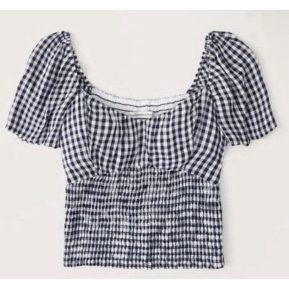 Abercrombie & Fitch Womens Puff Sleeve Smocked Sweetheart Gingham Crop Top